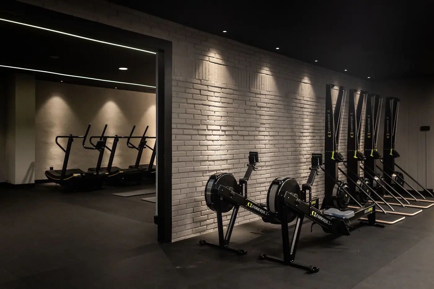 Sala de HY5: ergómetros de remo en primer plano y cintas de correr al fondo