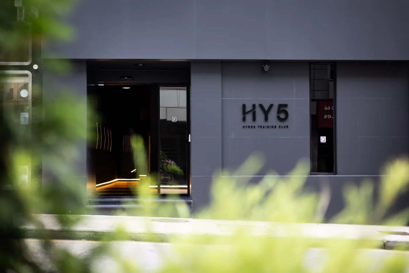 Entrada del club HY5 en González Besada 16, vista desde la acera entre la vegetación de la calle.